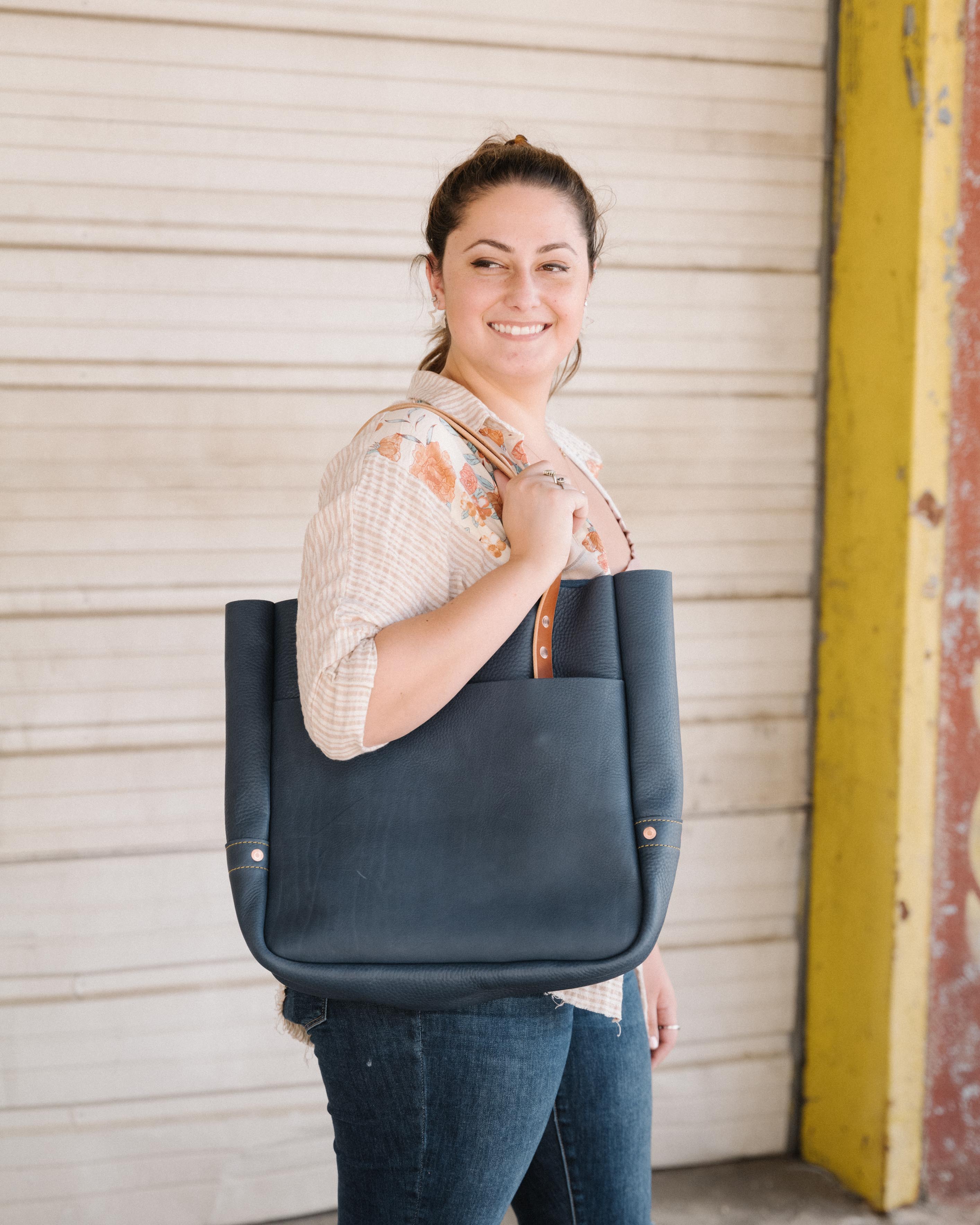 blue large leather tote bag