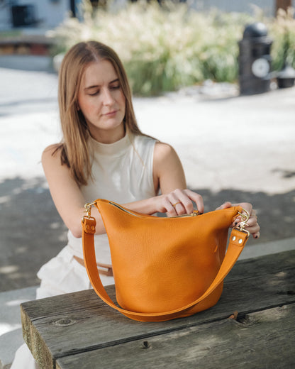 Leather Roulette Zip-Top Bucket Bag