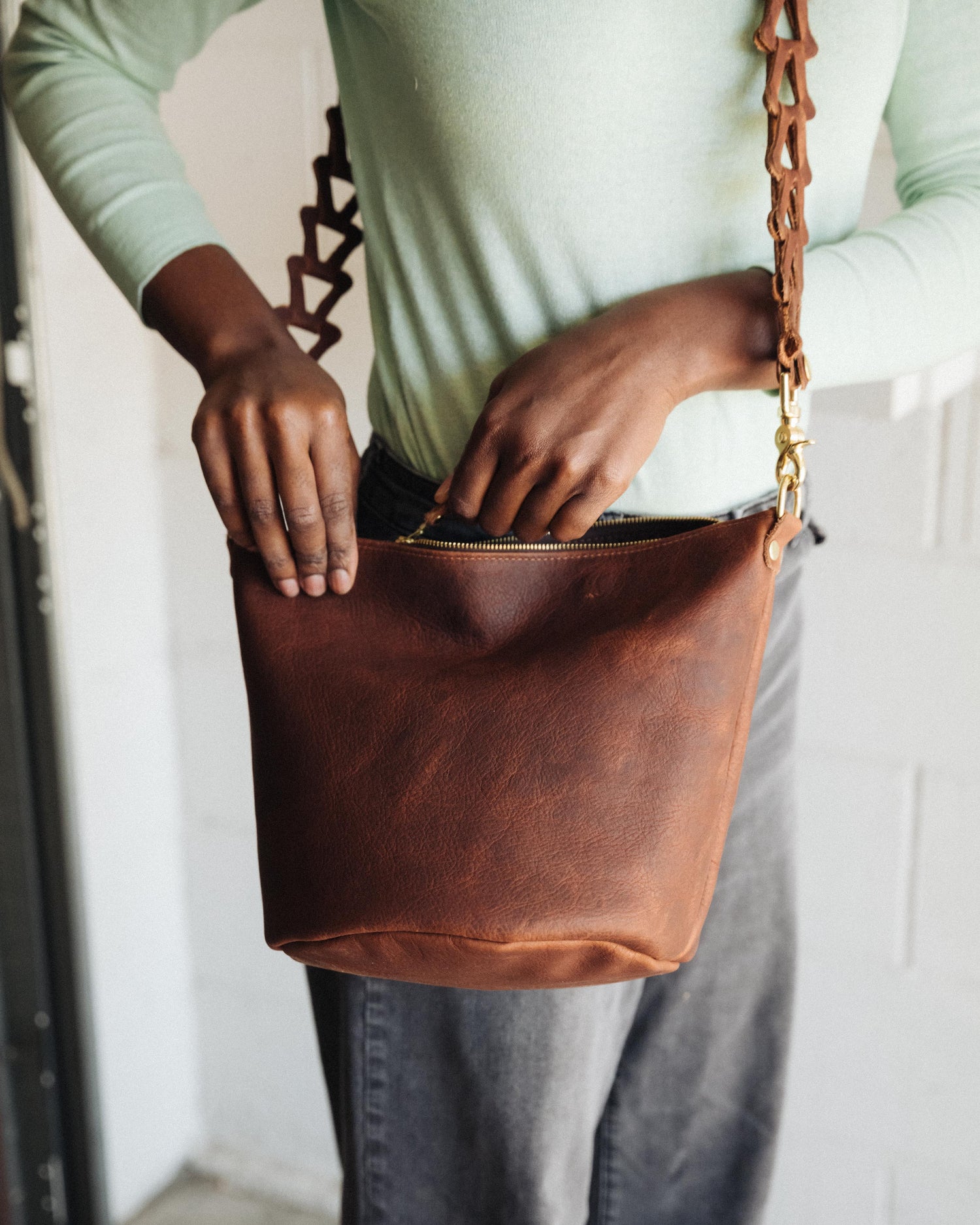 Leather Roulette Zip-Top Bucket Bag