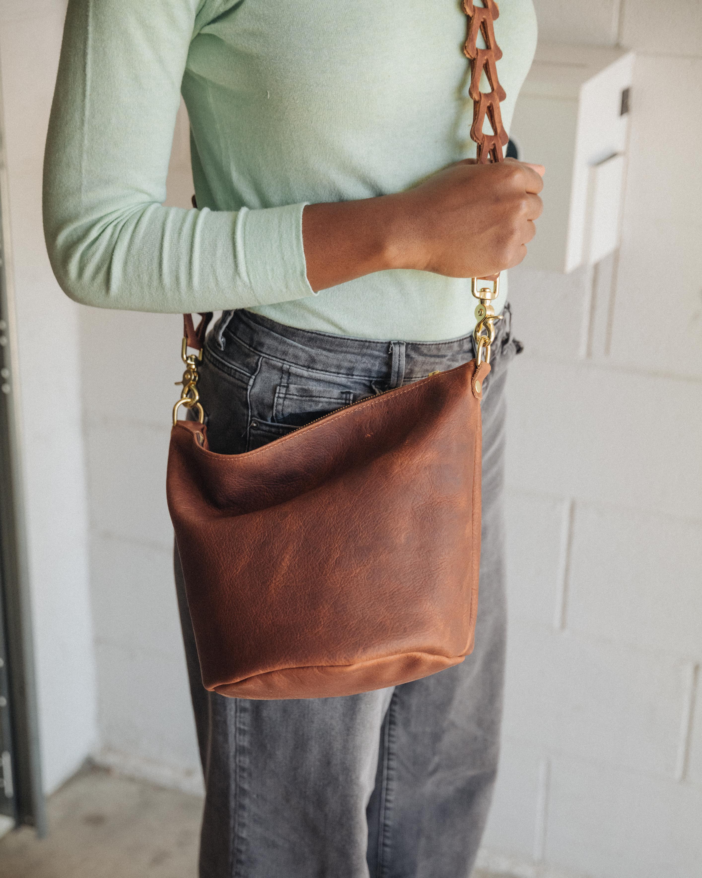 Leather Roulette Zip-Top Bucket Bag