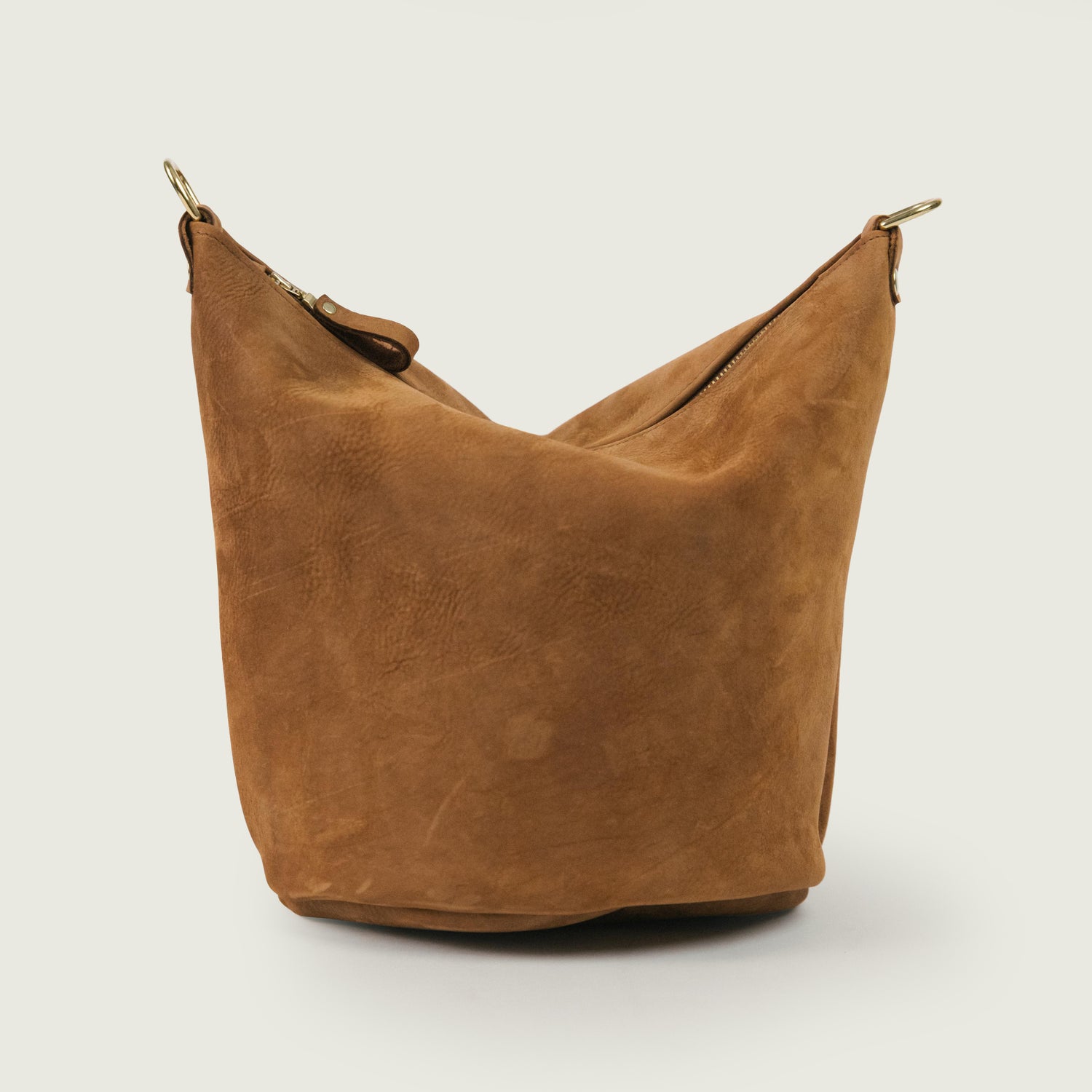 Tan Nubuck Zip-Top Bucket Bag