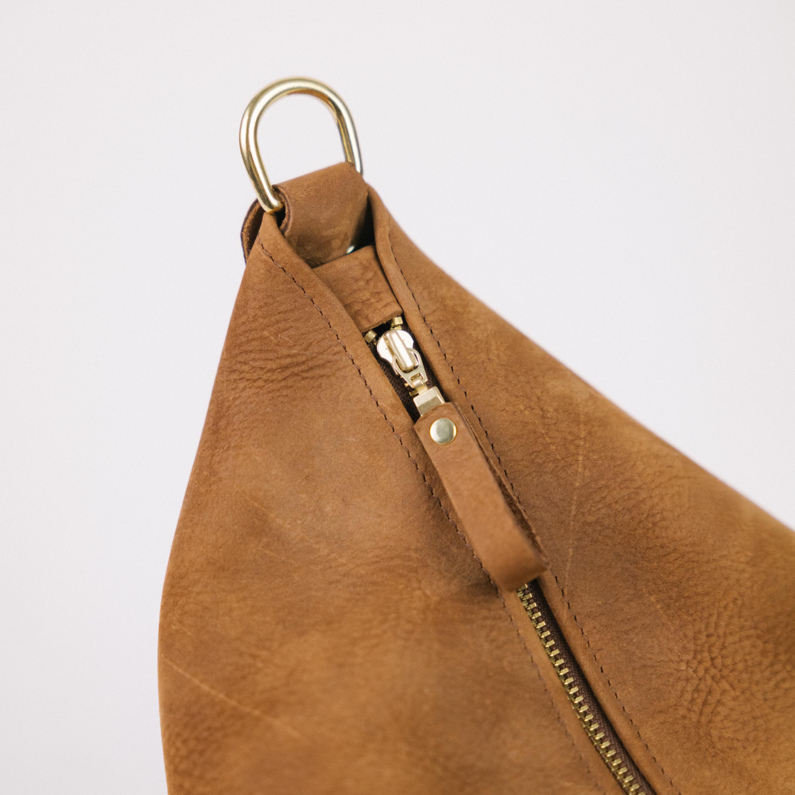 Tan Nubuck Zip-Top Bucket Bag