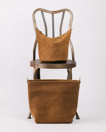 Tan Nubuck Zip-Top Bucket Bag