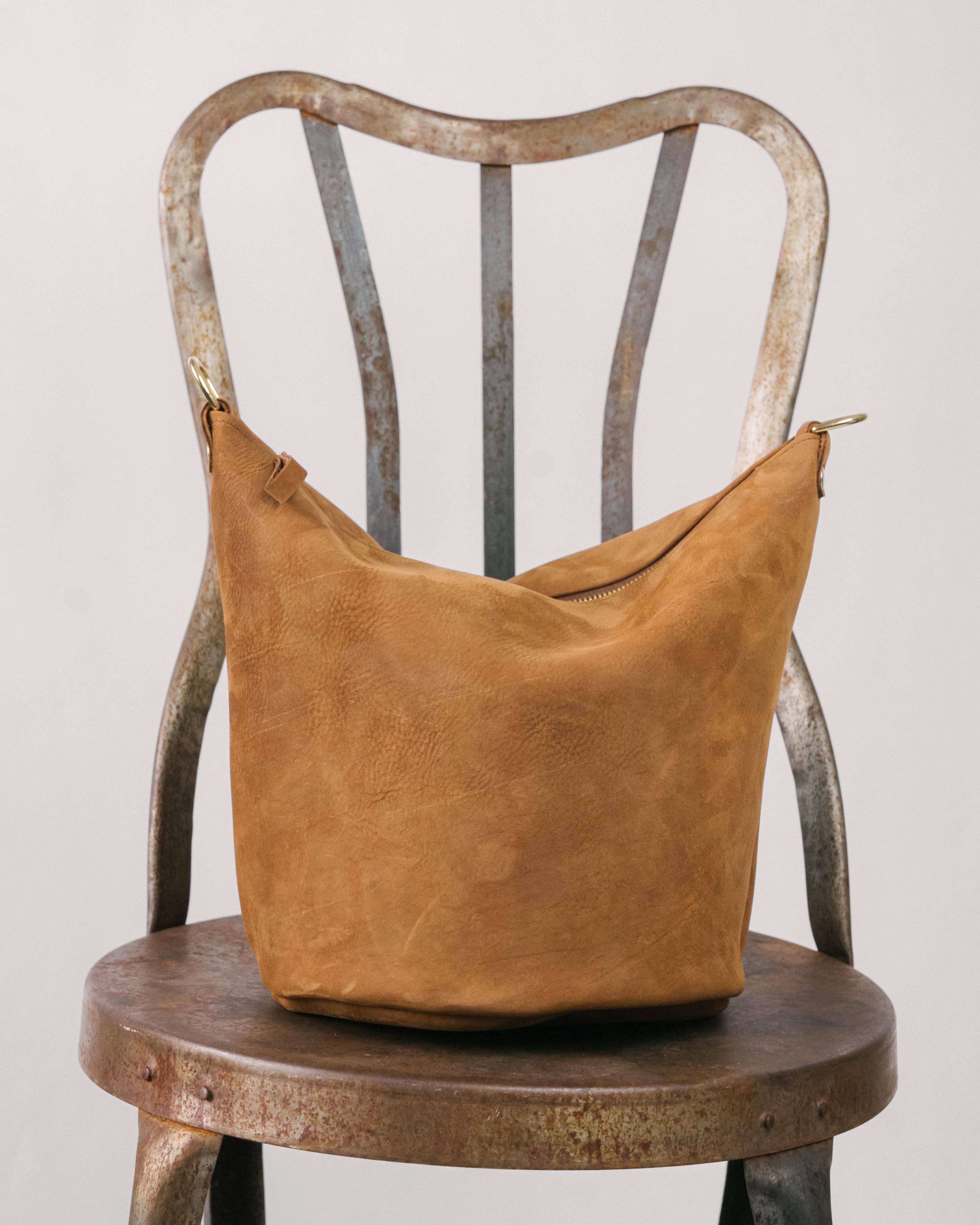 Tan Nubuck Zip-Top Bucket Bag