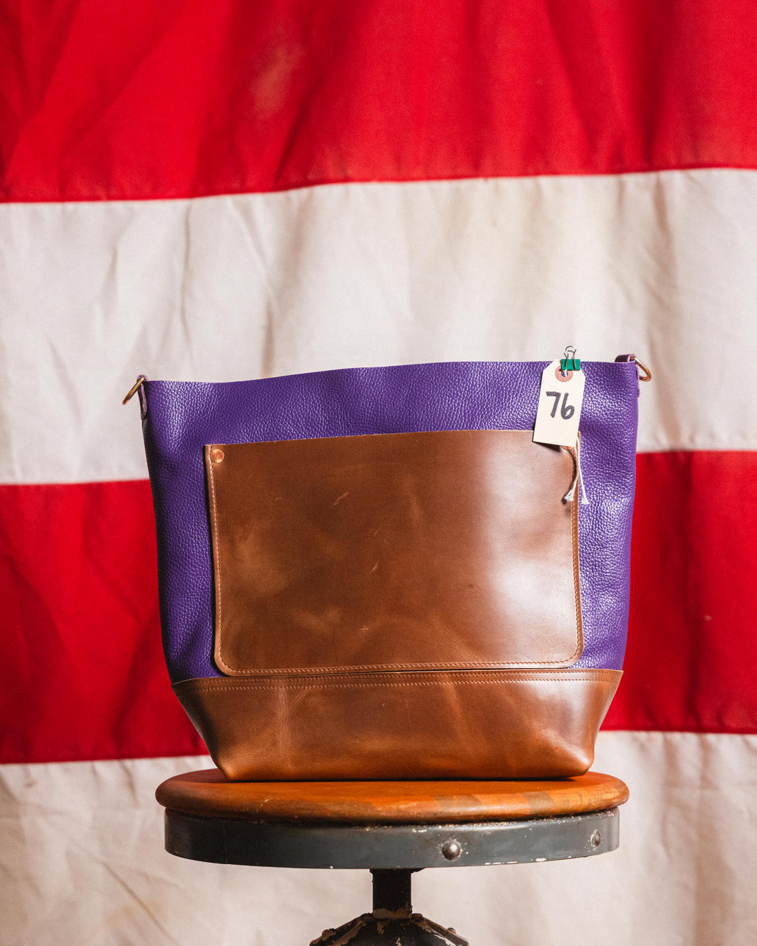 76. Italian Pebbled Purple and Natural Chromexcel Crossbody Travel Tote No Zipper