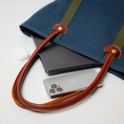 Navy Canvas &amp; Leather Panel Tote