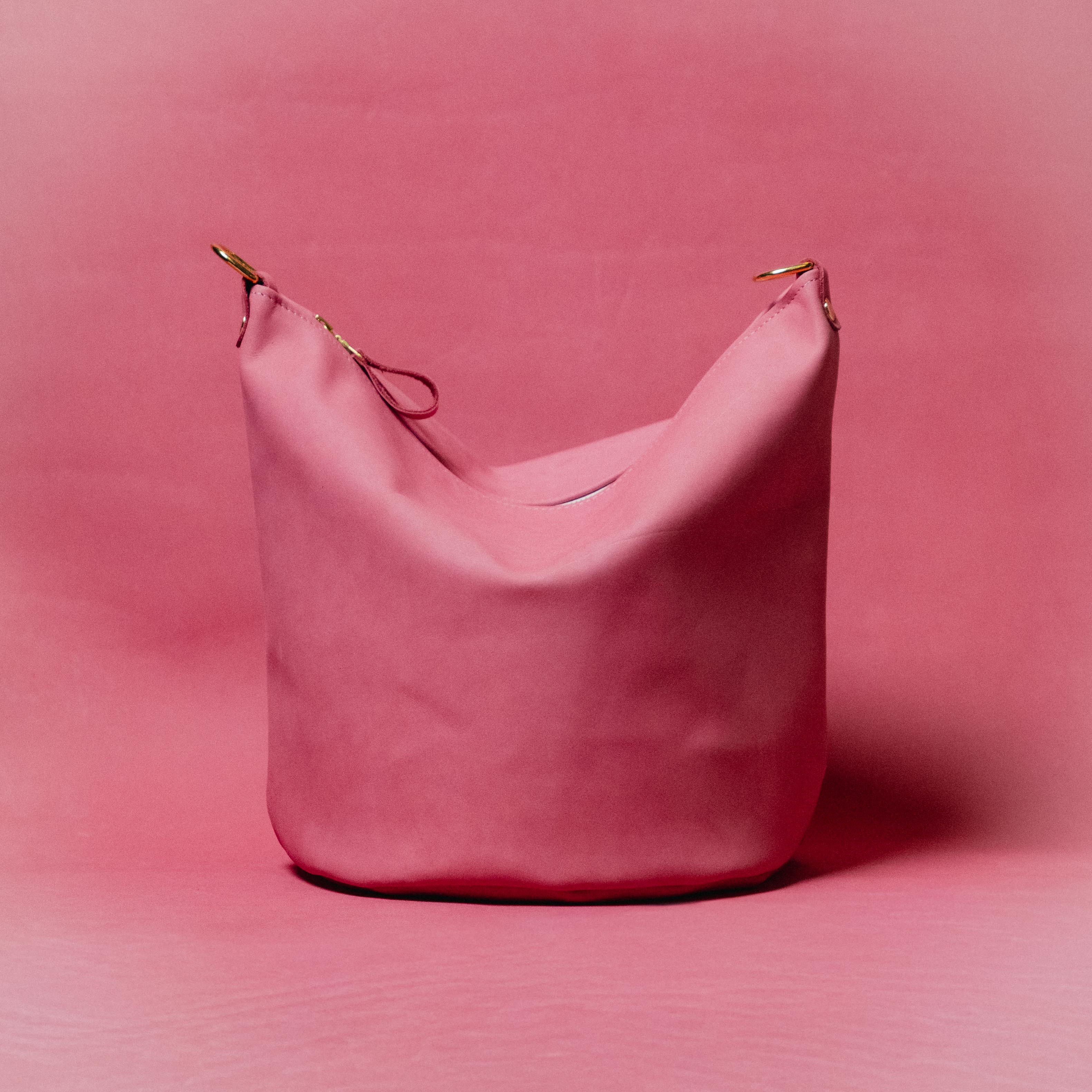 Pink Suede Zip-Top Bucket Bag