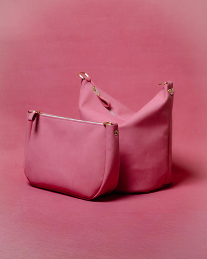 Pink Suede Zip-Top Bucket Bag