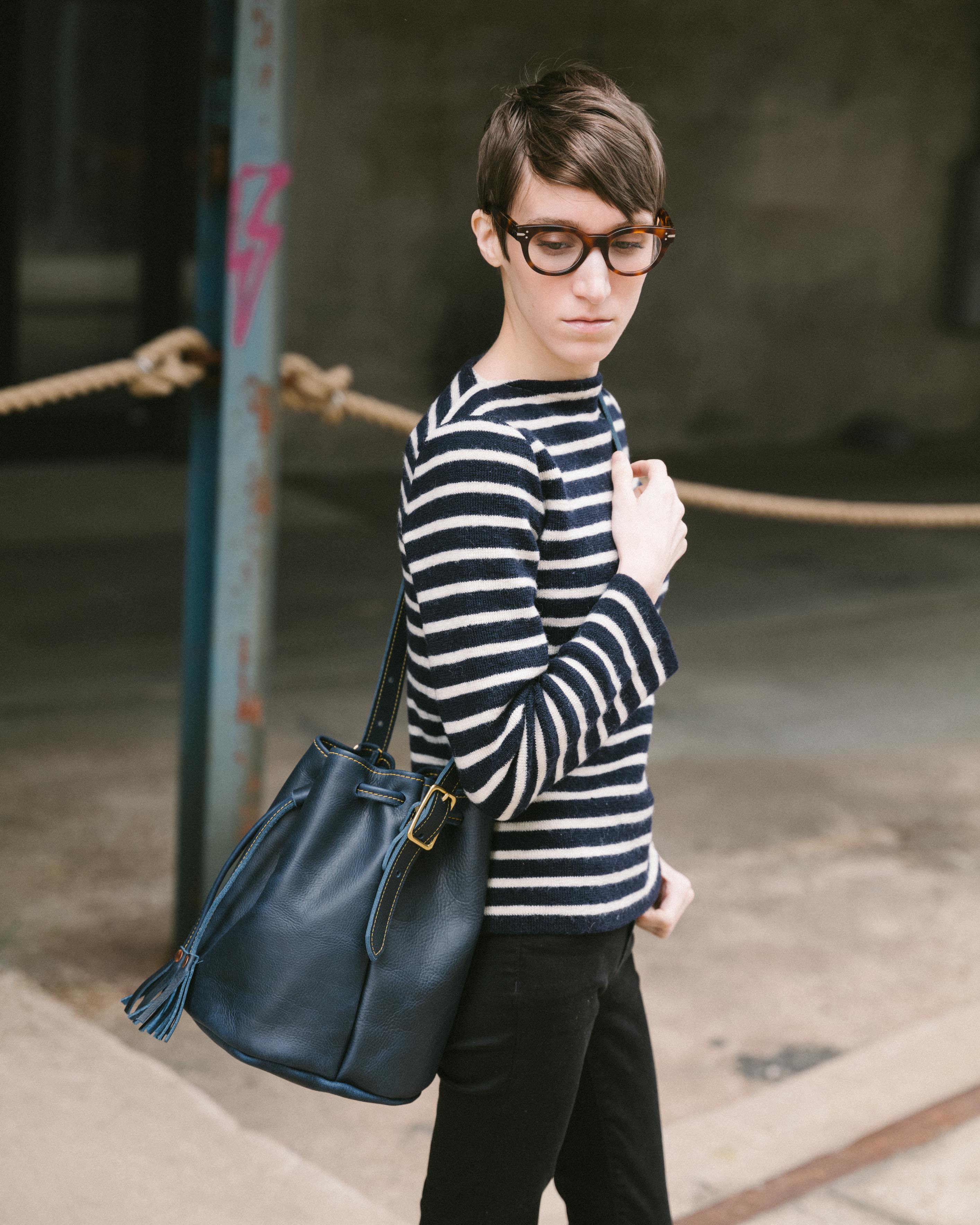 Navy Blue leather bucket bag handmade in the USA