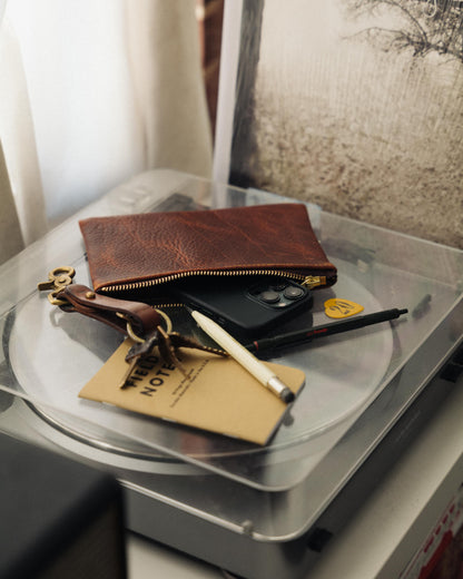 Tan Kodiak Small Zip Pouch- small zipper pouch - leather zipper pouch - KMM &amp; Co.