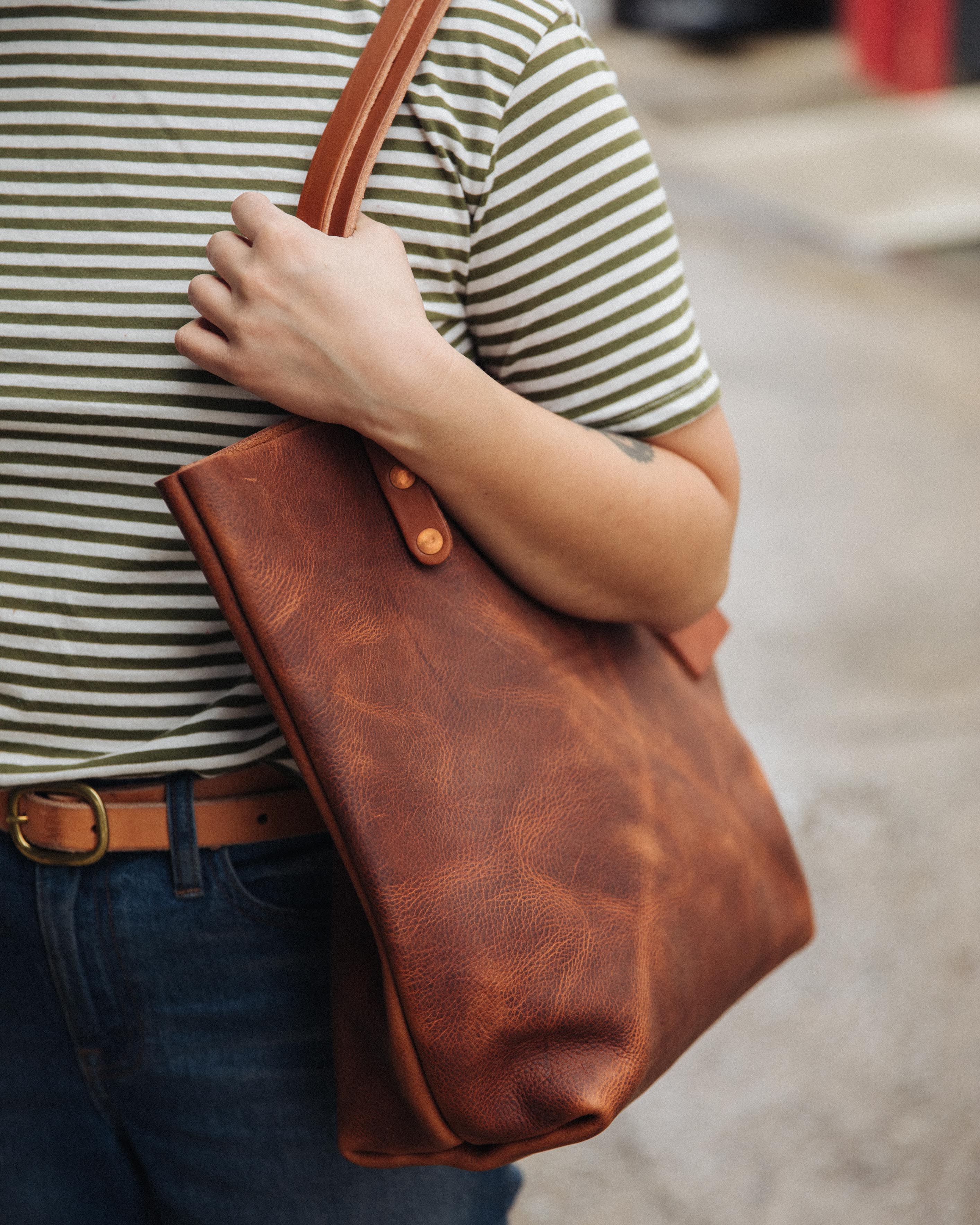 Tan Kodiak Tote- tan leather bag handmade in America