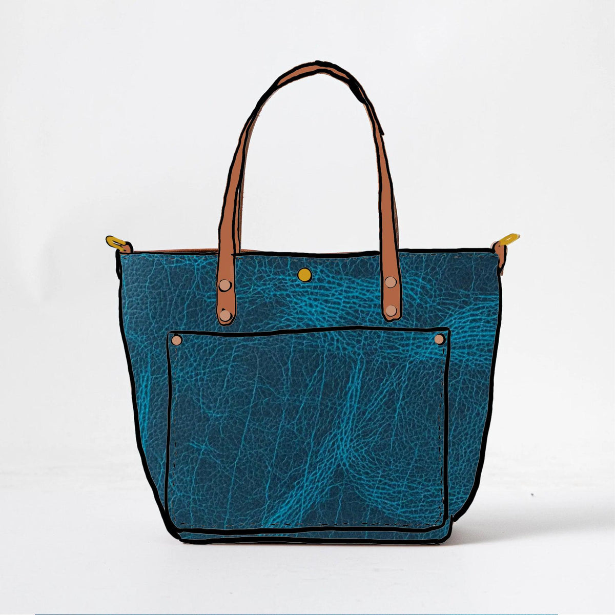 Handmade petrol blue bison leather travel tote with tan handles and a prominent natural grain texture.