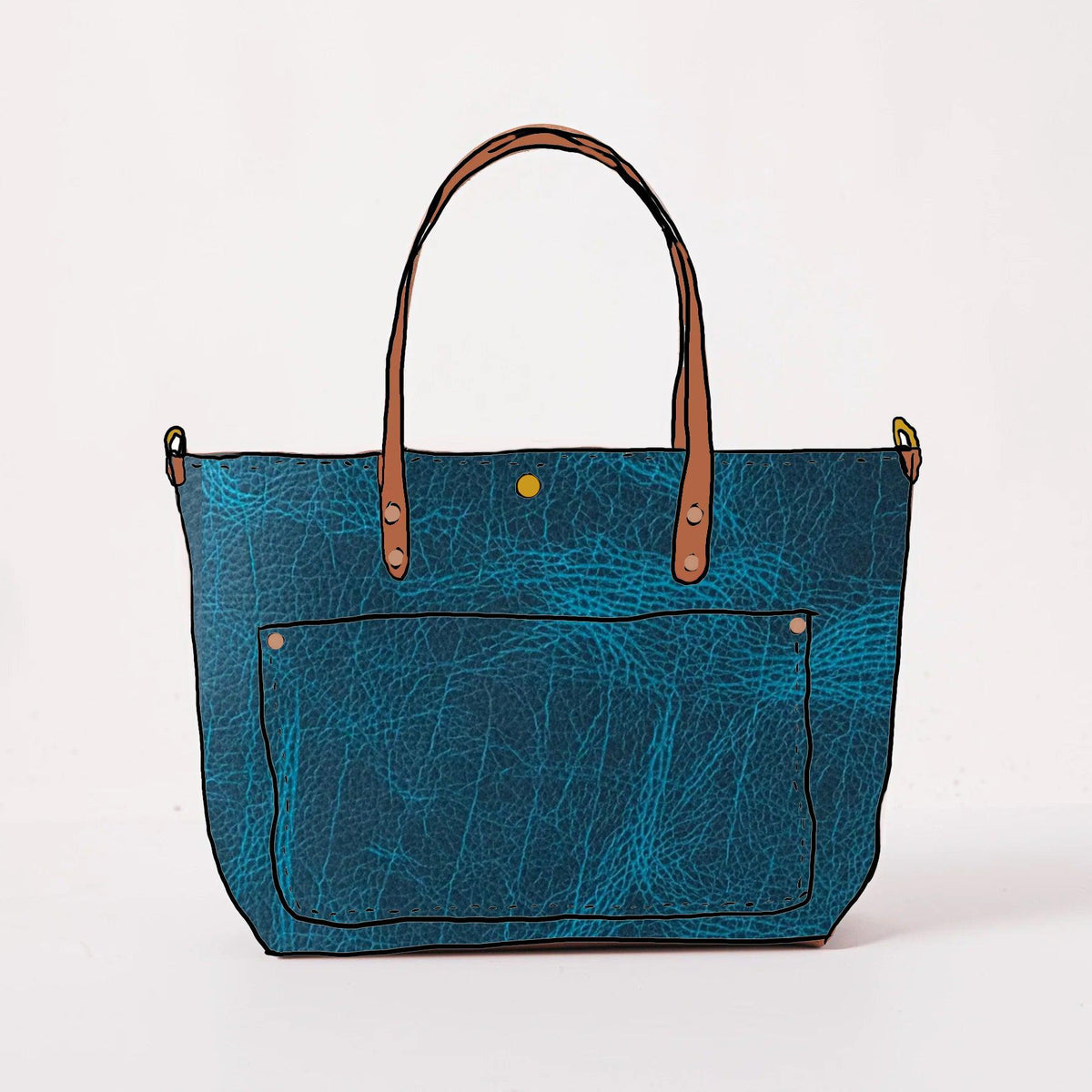 Handmade petrol blue bison leather east-west travel tote with tan handles and a spacious front pocket.